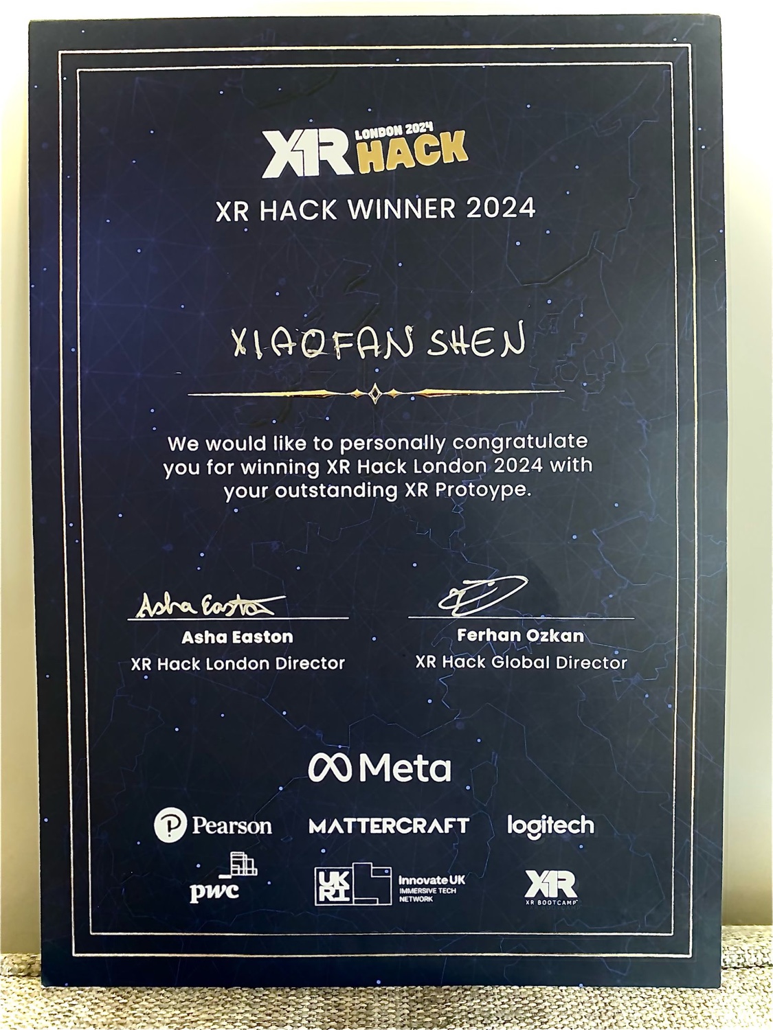 XR Hack London 2024 winner certificate
