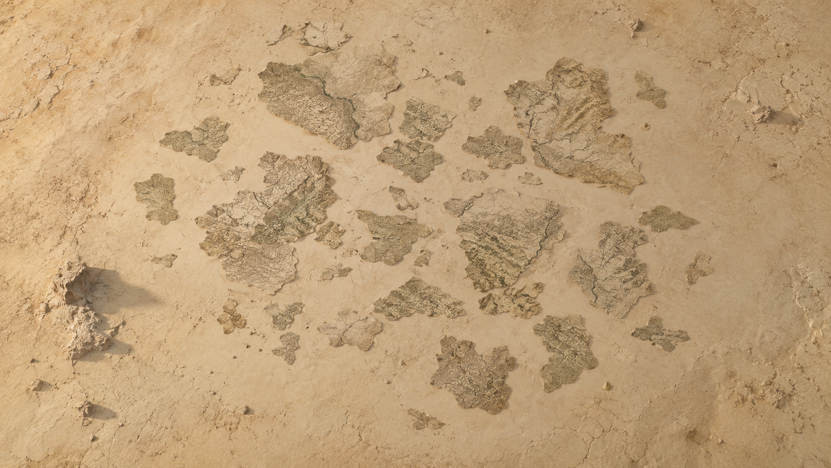 Scattered fragments of a map on a desert landscape