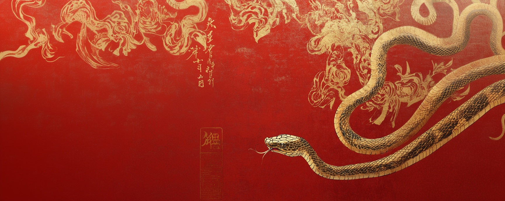 Chinese gold ink-brush snake on red wallpaper